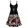 Playing Card Character Print V Neck Spaghetti Strap A Line Dress And Short Sleeve Shirt Outfit - Noir S | US 4