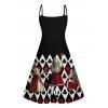 Playing Card Character Print V Neck Spaghetti Strap A Line Dress And Short Sleeve Shirt Outfit - Noir S | US 4