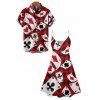 Checkerboard Playing Card Allover Print V Neck A Line Dress And Short Sleeve Button Up Shirt Outfit - Rouge S | US 4