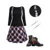 Lace Up Plaid Panel Long Sleeve Knit Mini Dress And Flower Animal Pattern Lace Up Warm Ankle Boots Drop Earrings Outfit - Noir S | US 4