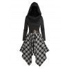 Plaid Panel Belted Cowl Neck Asymmetric Hooded Dress And Platform Sole Martin Boots Hollow Out Drop Earrings Outfit - Noir S | US 4