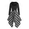 Plaid Panel Belted Cowl Neck Asymmetric Hooded Dress And Platform Sole Martin Boots Hollow Out Drop Earrings Outfit - Noir S | US 4