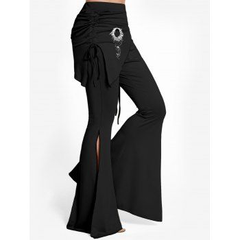 High Slit Flare Pants Celestial Sun Moon Cinched Elastic Waist Long Pants 