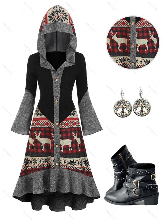 Elk Snowflake Tribal Pattern Knit Flocking Liner Hooded Dress and Zip Up Chunky Heel Punk Boots Life Tree Drop Earrings Outfit - Noir S | US 4