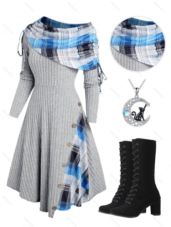 Plaid Patchwork Off The Shoulder Cinched Asymmetric Dress and Chunky Heel Mid Calf Boots Chain Necklace Outfit - Gris Clair S | US 4