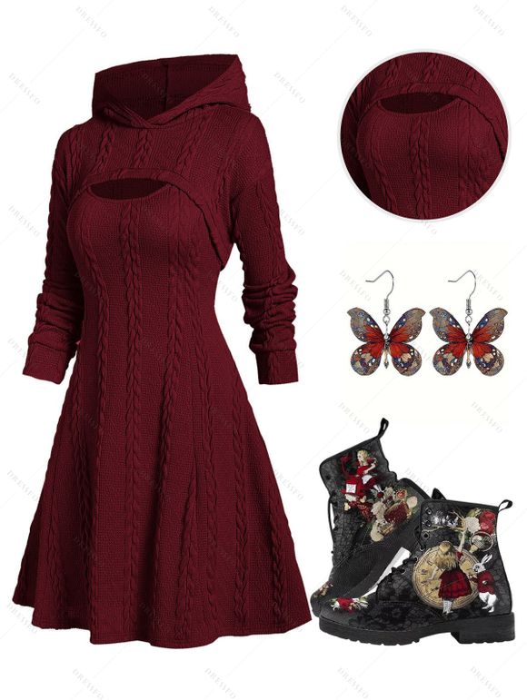 Hooded Cable Knit Sweater with Mini Dress Set and Lace Up Ankle Boots Butterfly Space Pendant Earrings Outfit - Rouge foncé S | US 4