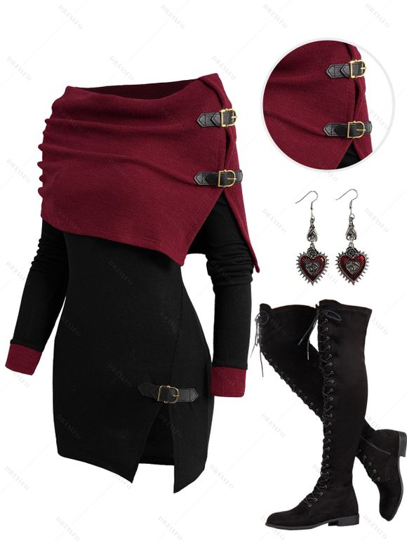 Open Shoulder Knit Foldover Top and Lace Up Over The Knee Boots Heart Rose Rivet Drop Earrings Outfit - Noir S | US 4