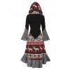 Elk Snowflake Tribal Pattern Knit Flocking Liner Hooded Dress and Zip Up Chunky Heel Punk Boots Life Tree Drop Earrings Outfit - Noir S | US 4