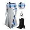 Plaid Patchwork Off The Shoulder Cinched Asymmetric Dress and Chunky Heel Mid Calf Boots Chain Necklace Outfit - Gris Clair S | US 4