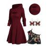 Hooded Cable Knit Sweater with Mini Dress Set and Lace Up Ankle Boots Butterfly Space Pendant Earrings Outfit - Rouge foncé S | US 4