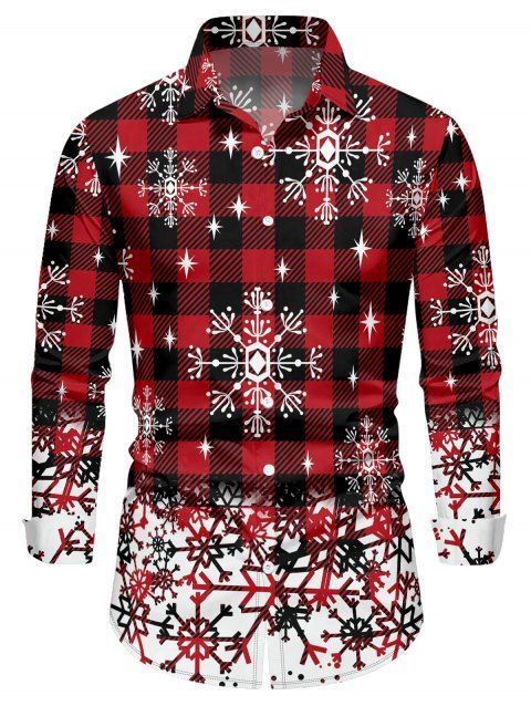 Chemise de Noël Boutonnée Flocon de Neige à Carreaux Imprimé à Manches Longues