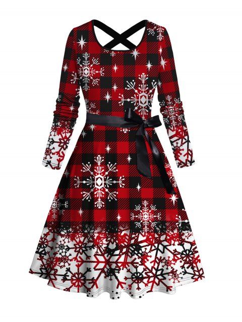 Robe de Noël Flocon de Neige à Carreaux Imprimé Ceinturée à Manches Longues