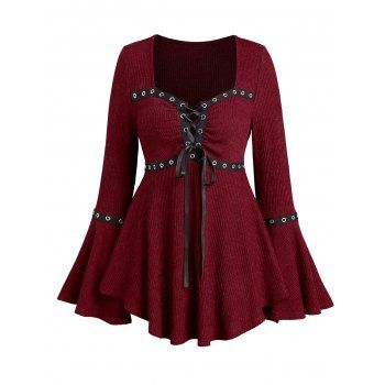 Lace Up Flare Sleeve Top Sweetheart Neck Grommet Design Casual Top 