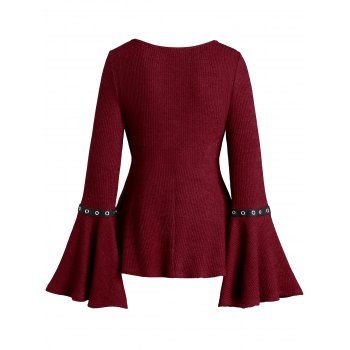 Lace Up Flare Sleeve Top Sweetheart Neck Grommet Design Casual Top 