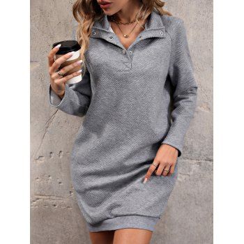 Raglan Sleeve Mini Shift Dress Solid Color Textured A Quarter Button Dress