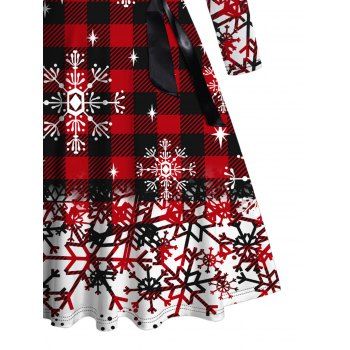 Christmas Snowflake Plaid Print Dress Long Sleeve Cross Design Belted Dress