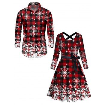 Christmas Snowflake Plaid Print Belted Long Sleeve Dress And Button Up Long Sleeve Shirt Outfit