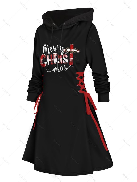 Robe Courte Noël à Capuche à Lacets à Manches Longues - Noir XXL | US 14