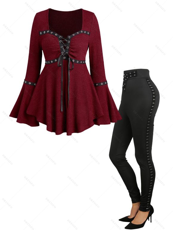 Lace Up Flare Sleeve Top And Buckle Grommet High Waist Long Gothic Pants Outfit - Rouge foncé S | US 4