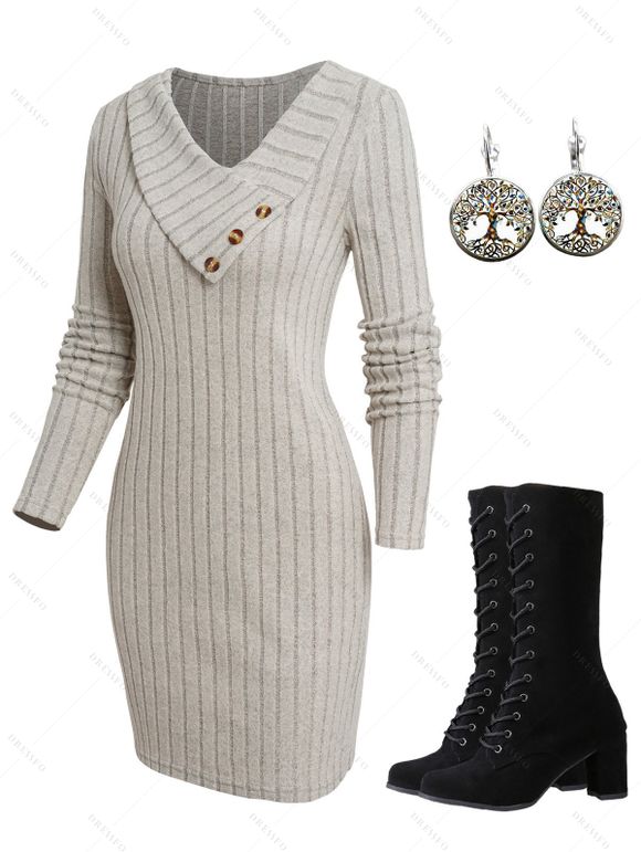 Asymmetric Neck Ribbed Straight Mock Button Sweater Dress And Chunky Heel Lace Up Mid Calf Boots Tree Life Hoop Earrings Outfit - Gris Clair S | US 4