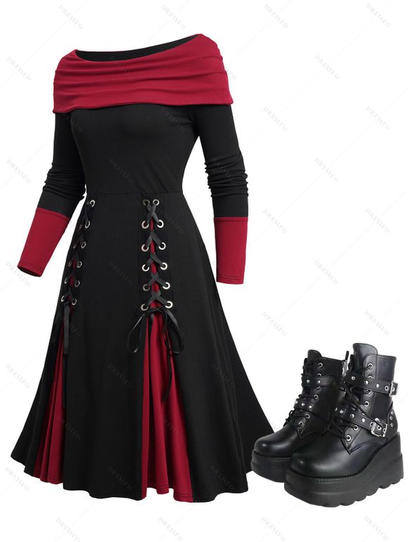 Off The Shoulder Contrast Patchwork Lace Up Dress And Chunky Sole Zipper Gothic Martin Boots Outfit - Noir S | US 4