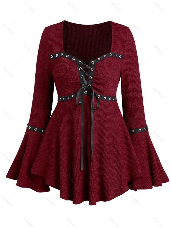 Haut Décontracté Œillet Design à Manches Evasées à Lacets - Rouge foncé L | US 8-10