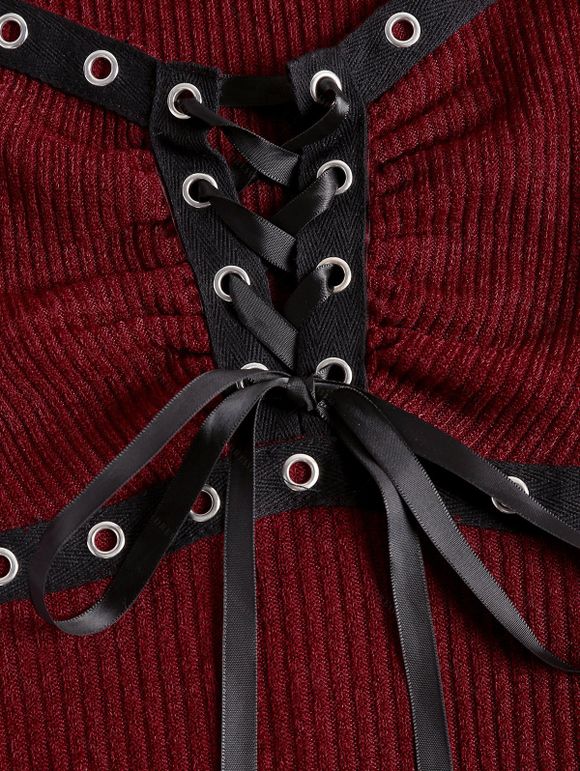 Haut Décontracté Œillet Design à Manches Evasées à Lacets - Rouge foncé L | US 8-10