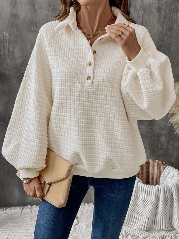 Sweat-shirt Décontracté Texturé à Demi-bouton Manches Raglan en Couleur Unie à Col Relevé - Beige XL | US 10