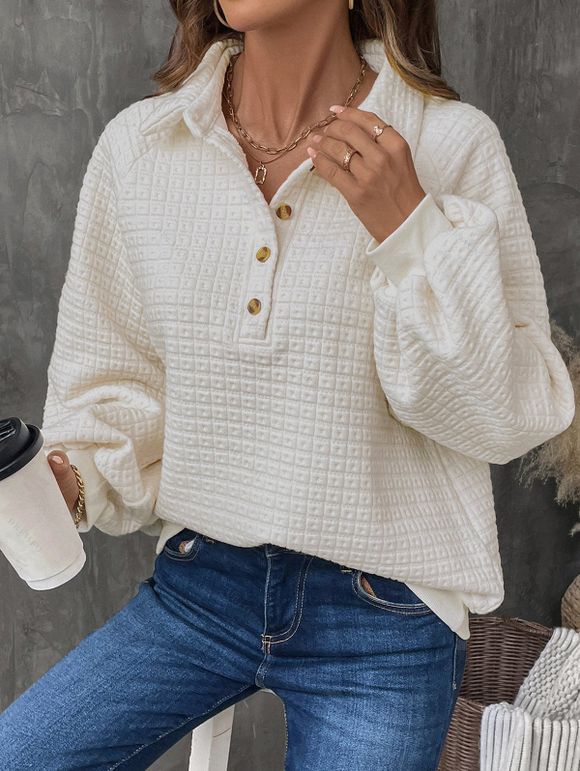 Sweat-shirt Décontracté Texturé à Demi-bouton Manches Raglan en Couleur Unie à Col Relevé - Beige XL | US 10