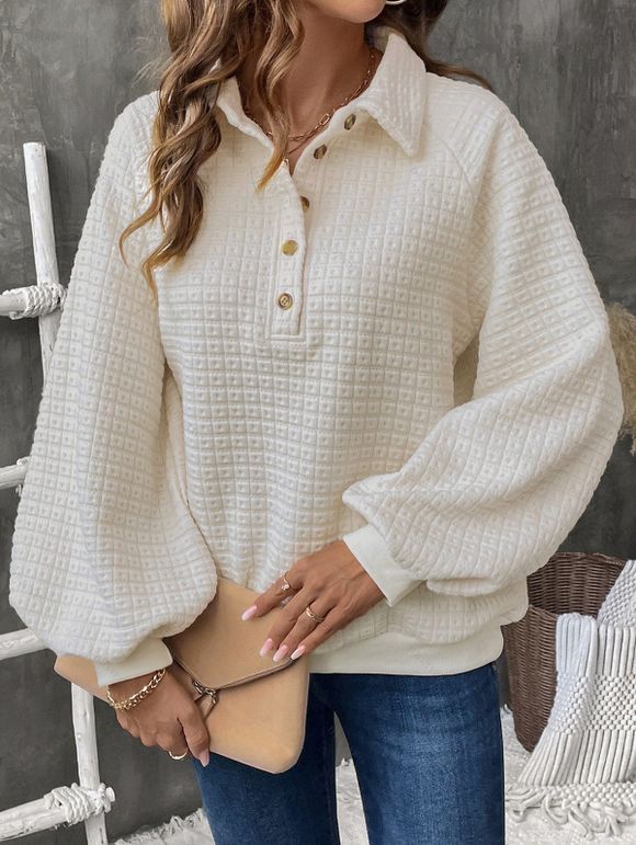 Sweat-shirt Décontracté Texturé à Demi-bouton Manches Raglan en Couleur Unie à Col Relevé - Beige XL | US 10