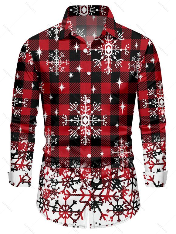 Chemise de Noël Boutonnée Flocon de Neige à Carreaux Imprimé à Manches Longues - Rouge foncé 5XL