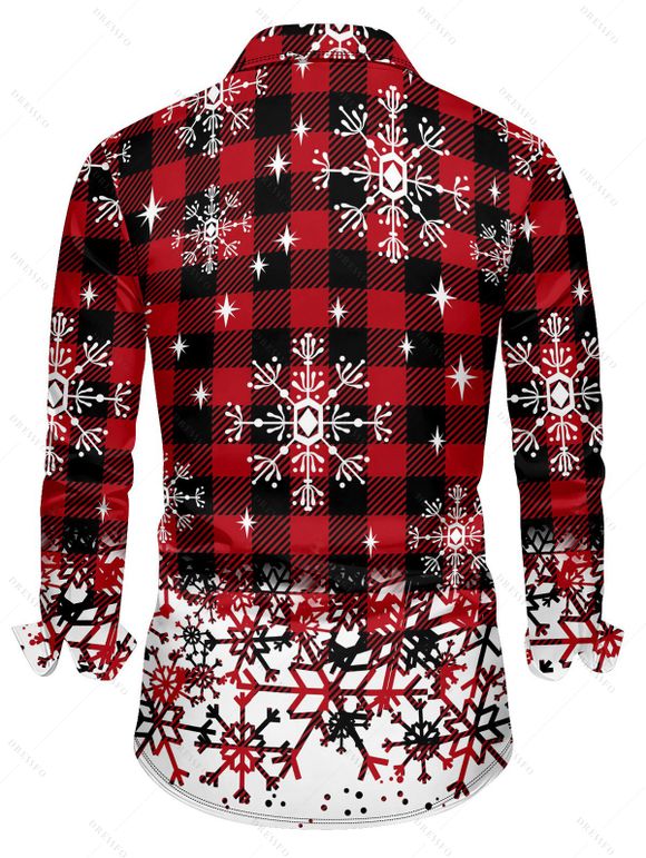 Chemise de Noël Boutonnée Flocon de Neige à Carreaux Imprimé à Manches Longues - Rouge foncé S