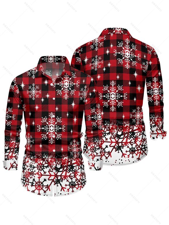 Chemise de Noël Boutonnée Flocon de Neige à Carreaux Imprimé à Manches Longues - Rouge foncé S