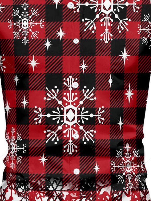 Chemise de Noël Boutonnée Flocon de Neige à Carreaux Imprimé à Manches Longues - Rouge foncé S