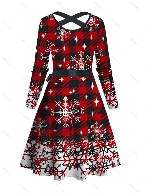 Robe de Noël Flocon de Neige à Carreaux Imprimé Ceinturée à Manches Longues - Rouge foncé L | US 8-10