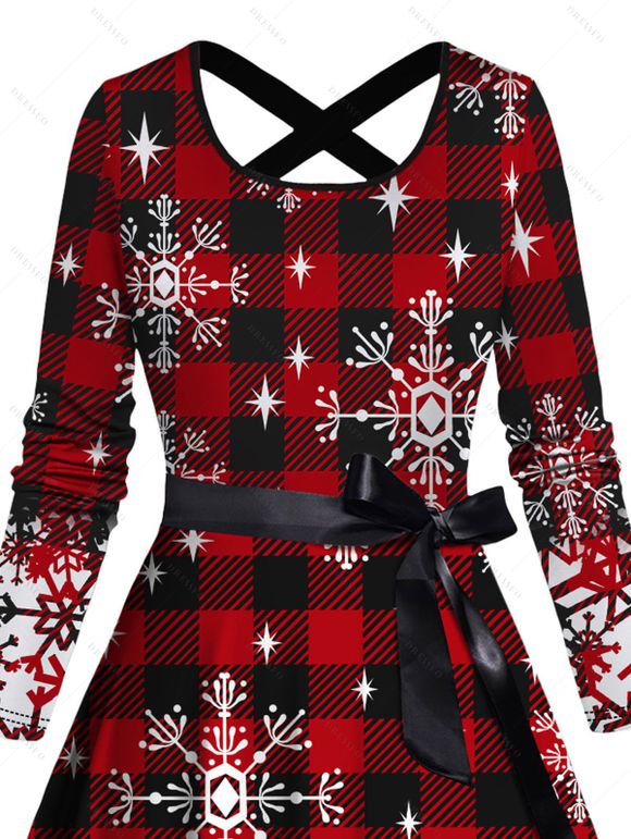 Robe de Noël Flocon de Neige à Carreaux Imprimé Ceinturée à Manches Longues - Rouge foncé L | US 8-10