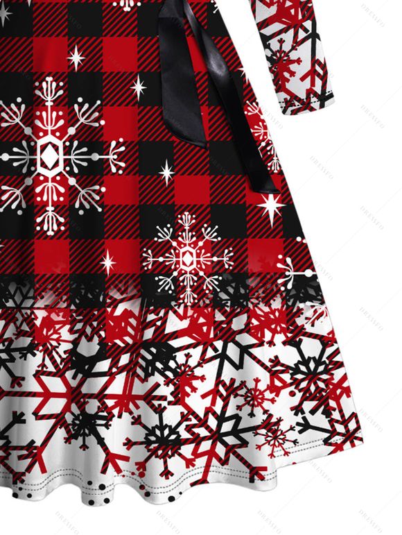 Robe de Noël Flocon de Neige à Carreaux Imprimé Ceinturée à Manches Longues - Rouge foncé L | US 8-10
