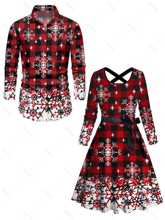 Christmas Snowflake Plaid Print Belted Long Sleeve Dress And Button Up Long Sleeve Shirt Outfit - Rouge foncé S | US 4