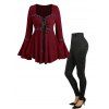 Lace Up Flare Sleeve Top And Buckle Grommet High Waist Long Gothic Pants Outfit - Rouge foncé S | US 4