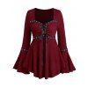 Lace Up Flare Sleeve Top And Buckle Grommet High Waist Long Gothic Pants Outfit - Rouge foncé S | US 4