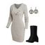 Asymmetric Neck Ribbed Straight Mock Button Sweater Dress And Chunky Heel Lace Up Mid Calf Boots Tree Life Hoop Earrings Outfit - Gris Clair S | US 4