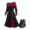 Off The Shoulder Contrast Patchwork Lace Up Dress And Chunky Sole Zipper Gothic Martin Boots Outfit - Noir S | US 4