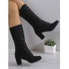 Asymmetric Neck Ribbed Straight Mock Button Sweater Dress And Chunky Heel Lace Up Mid Calf Boots Tree Life Hoop Earrings Outfit - Gris Clair S | US 4