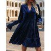 Mini Robe Superposée Plissée à Manches Longues en Velours à Col V - Bleu profond XL | US 10