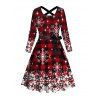 Christmas Snowflake Plaid Print Dress Long Sleeve Cross Design Belted Dress