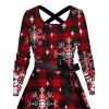 Robe de Noël Flocon de Neige à Carreaux Imprimé Ceinturée à Manches Longues - Rouge foncé XXXXXL | US 20