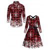 Christmas Snowflake Plaid Print Belted Long Sleeve Dress And Button Up Long Sleeve Shirt Outfit