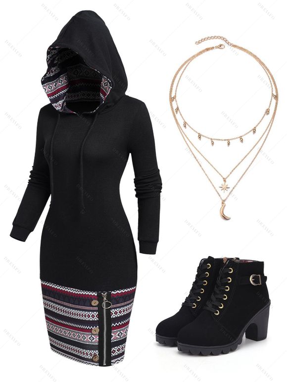 Tribal Print Patchwork Hooded Dress And Lace Up Chunky Heel Faux Leather Boots Layered Necklace Outfit - Noir S | US 4