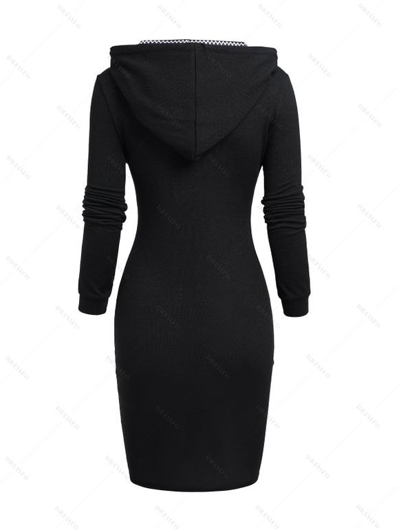 Tribal Print Patchwork Hooded Dress And Lace Up Chunky Heel Faux Leather Boots Layered Necklace Outfit - Noir S | US 4