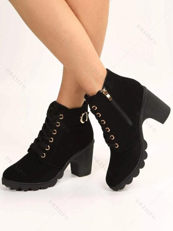 Tribal Print Patchwork Hooded Dress And Lace Up Chunky Heel Faux Leather Boots Layered Necklace Outfit - Noir S | US 4